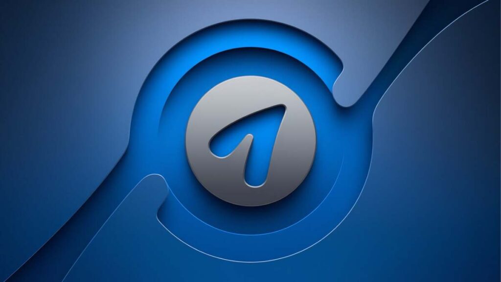 3D abstract blue Telegram-inspired logo with circular design and arrow icon.