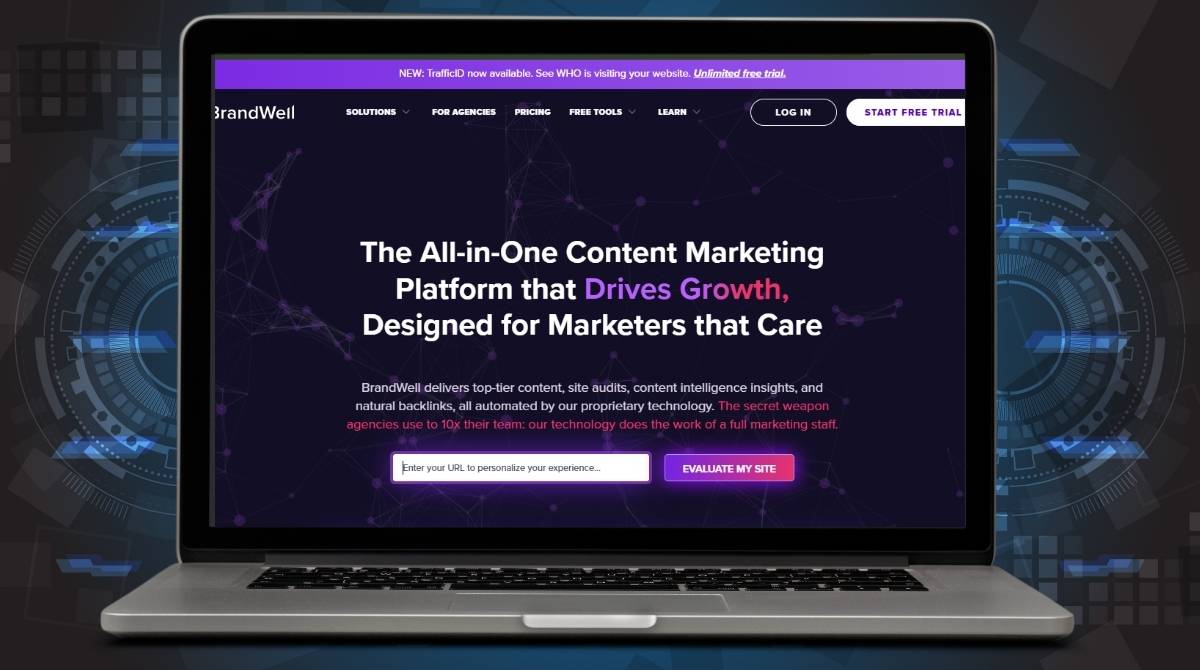 BrandWell platform displayed on a laptop screen, showcasing its all-in-one content marketing solution for driving growth and boosting blog content performance.