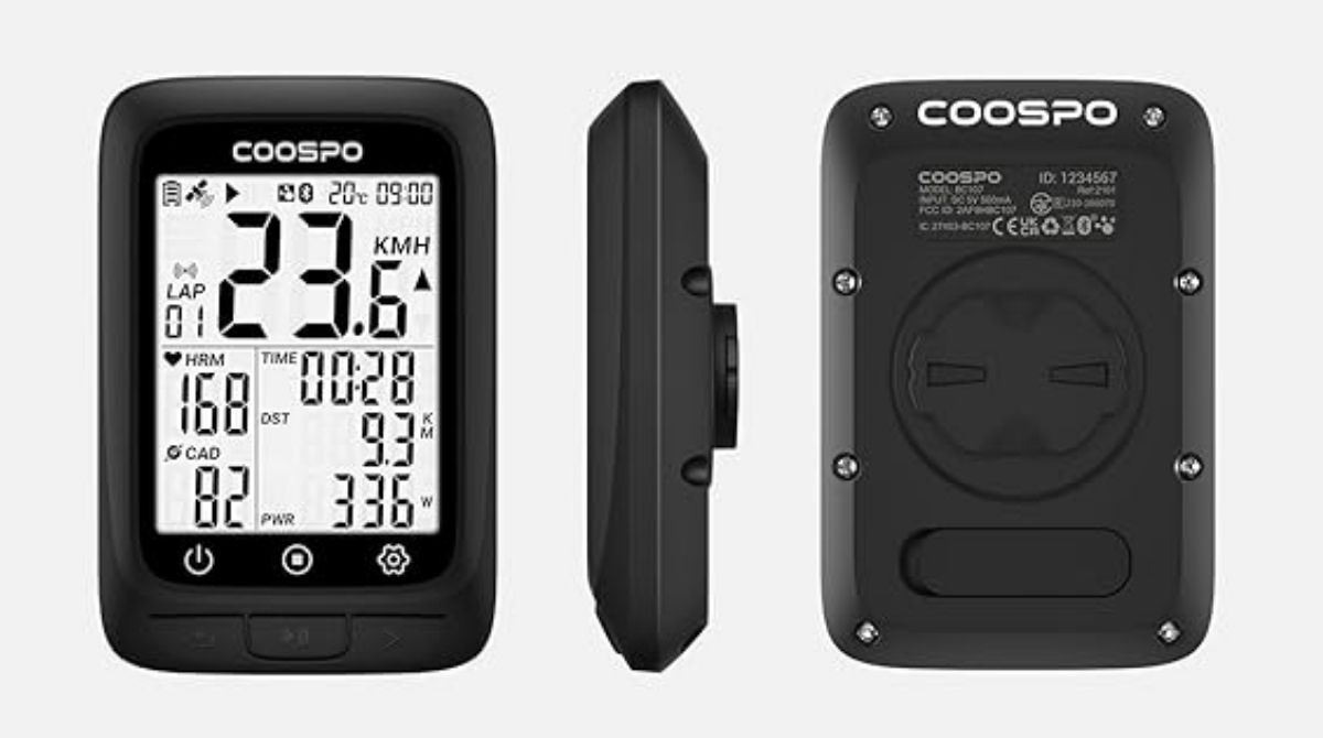  COOSPO Bike Computer GPS Wireless with ANT+ and Bluetooth, featuring a multifunctional design, 2.4-inch LCD screen, IP67 waterproof rating, and auto-backlight for cycling performance tracking.