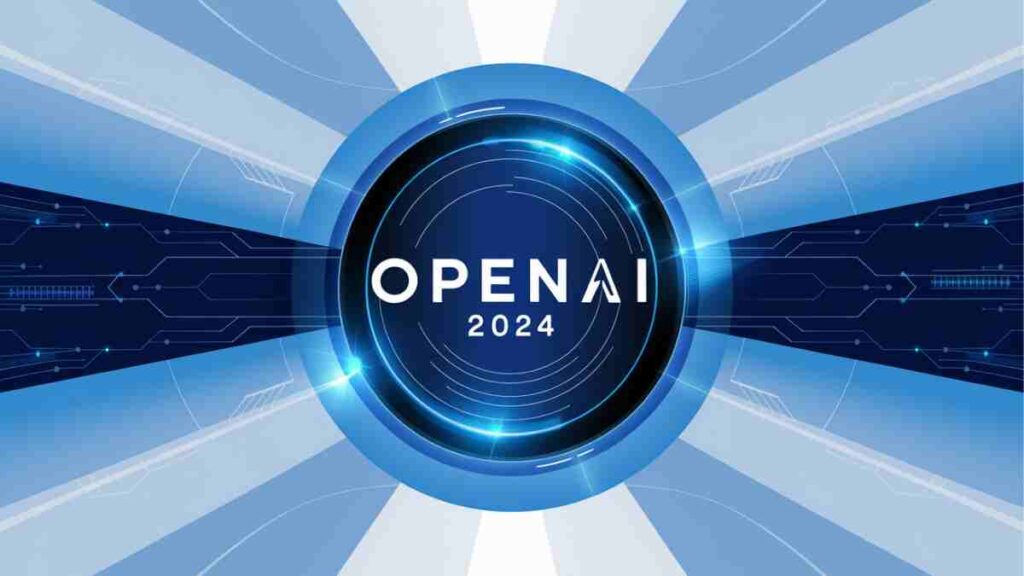 OpenAI 2024 logo with futuristic blue design and digital accents.