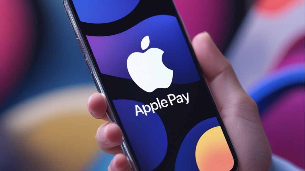 Smartphone with Apple Pay logo, held in hand, against a vibrant blue and purple abstract background.