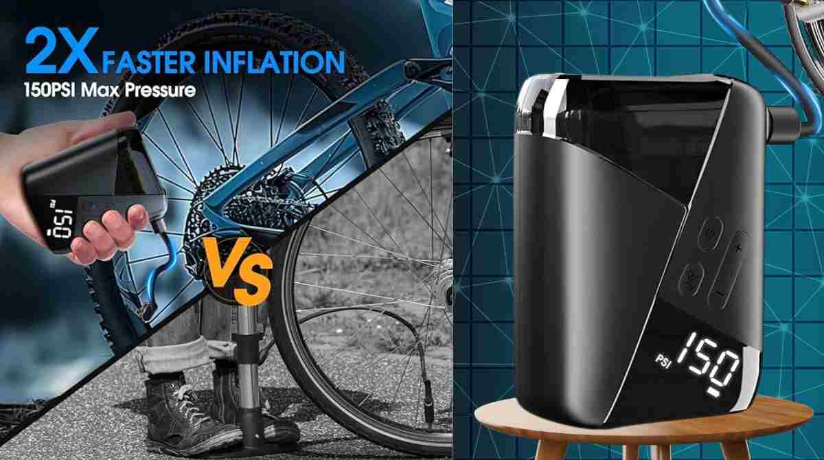 Comparison image showing a portable electric bike tire pump with a digital gauge and a traditional manual pump, highlighting 2x faster inflation and 150 PSI max pressure.