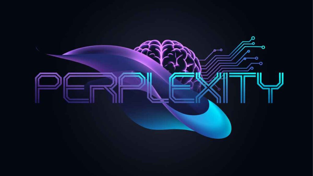 Digital artwork featuring the word 'Perplexity' with a futuristic brain design and circuit-inspired details.