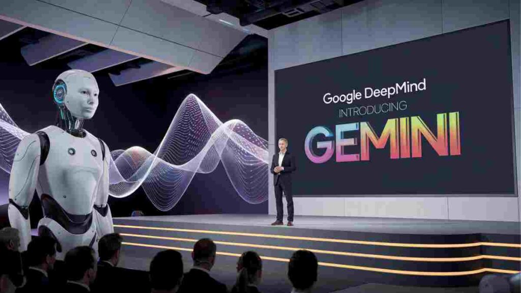 Google DeepMind introduces Gemini AI at a technology event.