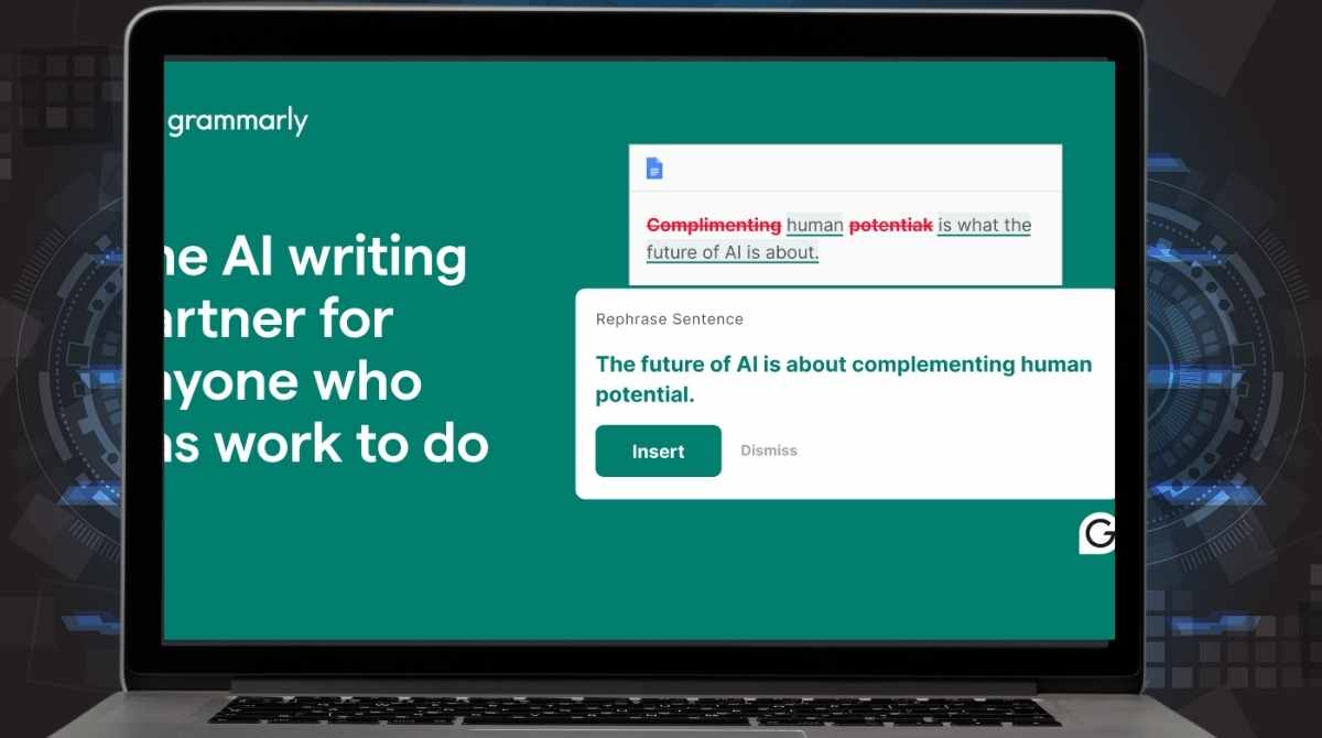 Grammarly writing assistant interface on a laptop screen with an AI-generated sentence rephrasing suggestion.