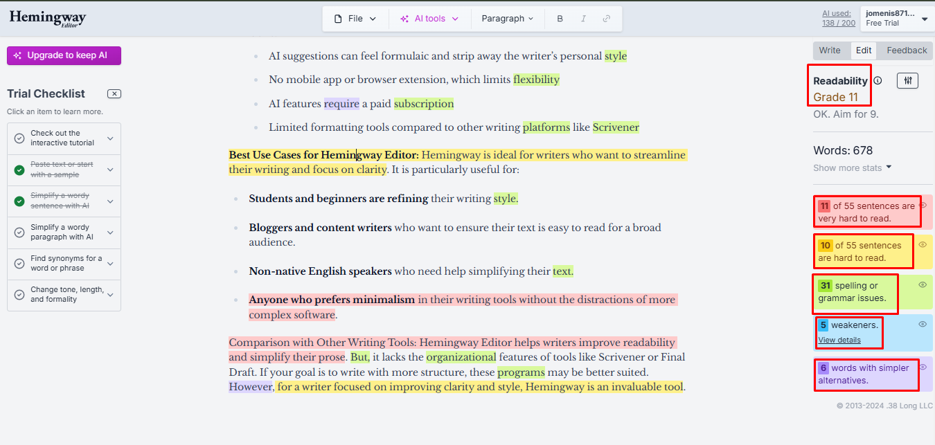 Hemingway Editor interface showing readability grade, hard-to-read sentences, grammar issues, and style suggestions