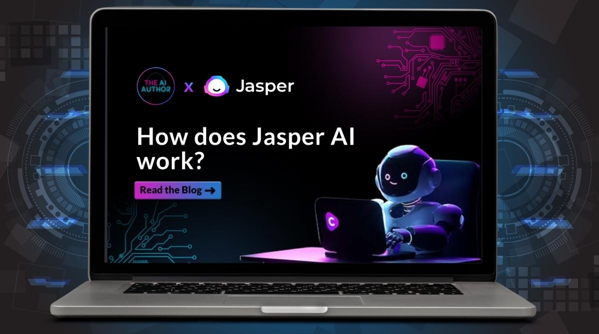 Jasper AI - Exploring how it works with an engaging robotic assistant on a laptop screen.