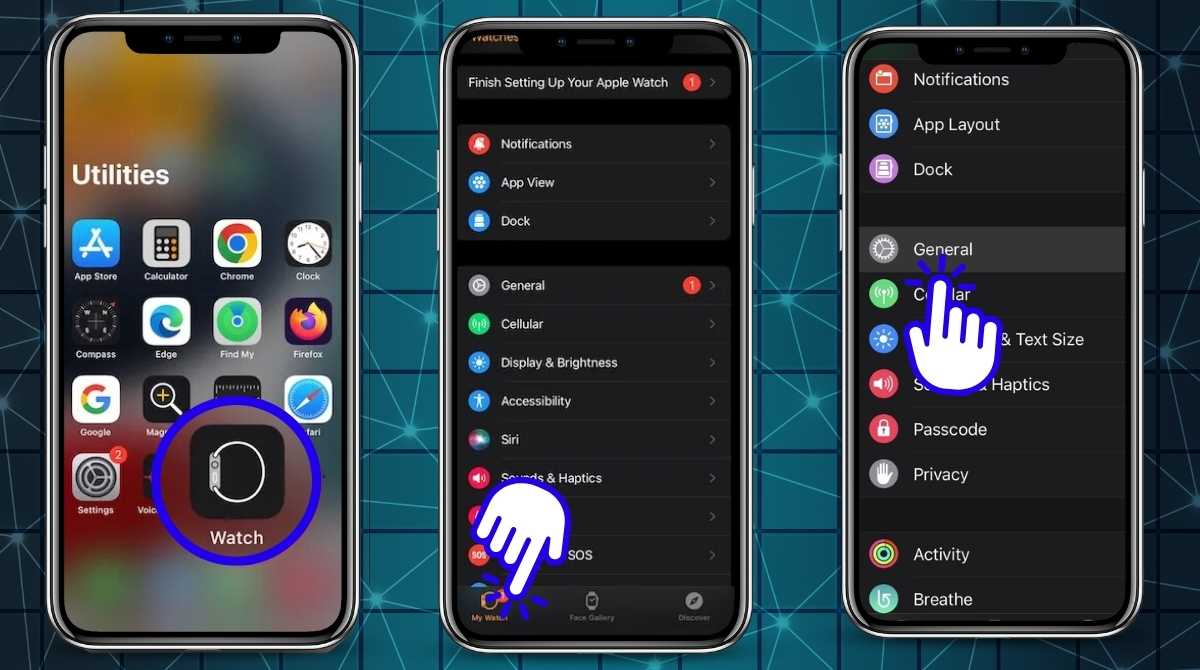 Steps to access General settings on the Apple Watch app: Open the app on iPhone, tap 'My Watch,' and select 'General' from the menu.