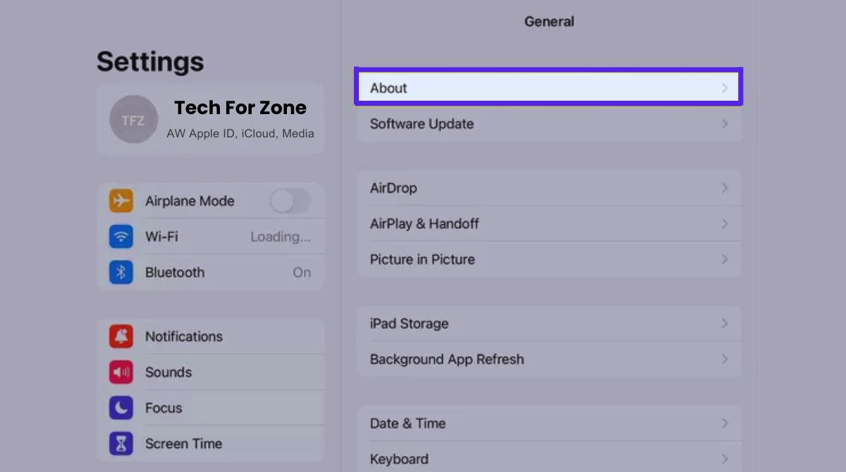 iPad Settings menu showing the General and About options highlighted for selecting device details.