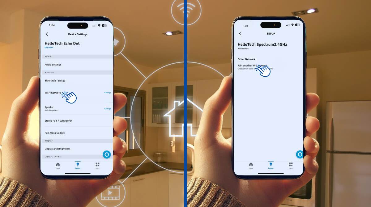 Two smartphones showing the Alexa app interface. The left screen displays device settings with an option to change the WiFi network, and the right screen shows the "Join another WiFi network" prompt. A modern kitchen with smart home elements is visible in the background.