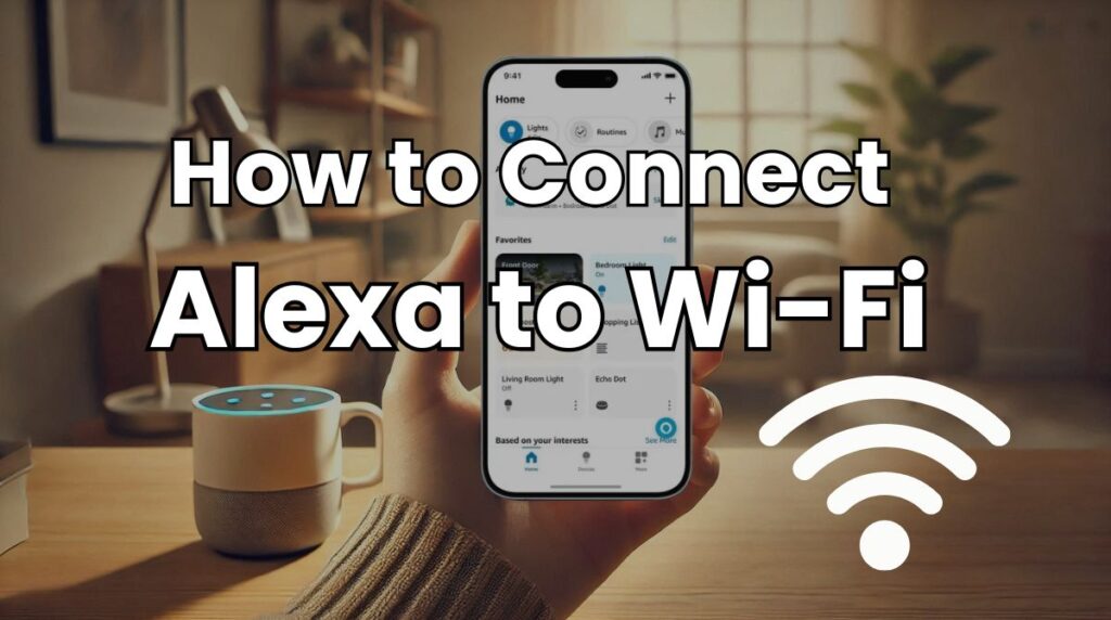 A hand holds a smartphone displaying the Alexa app, showing the process of connecting an Alexa device to Wi-Fi. An Alexa smart speaker sits on a table in the background.