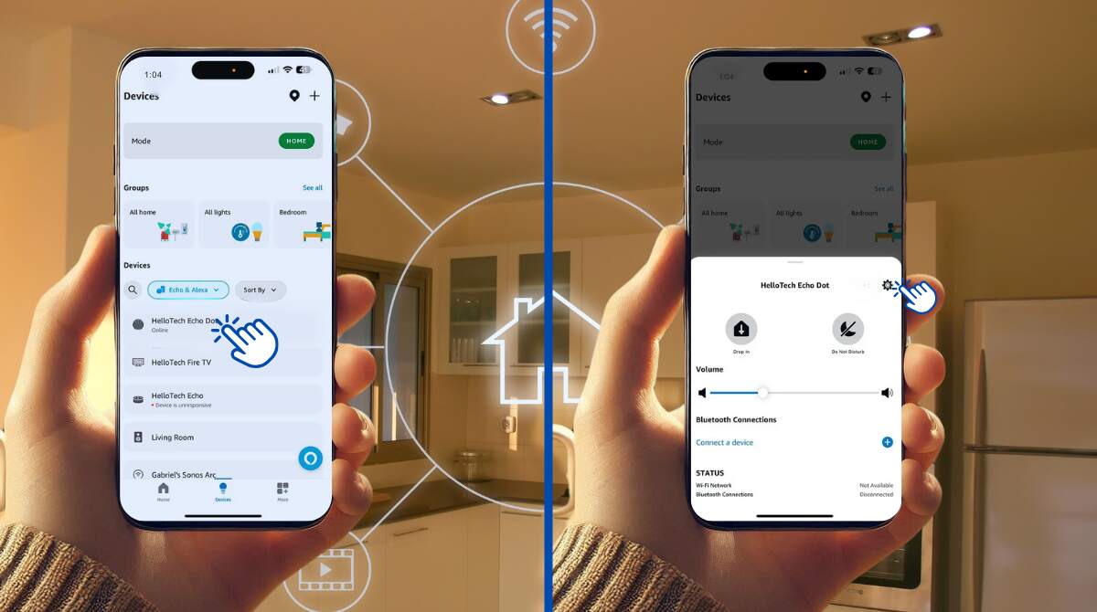 Two smartphones displaying an app interface for managing Alexa devices, with a focus on selecting a device (left) and accessing device settings (right) in a smart home setup. The background features a modern kitchen illuminated with smart lighting.