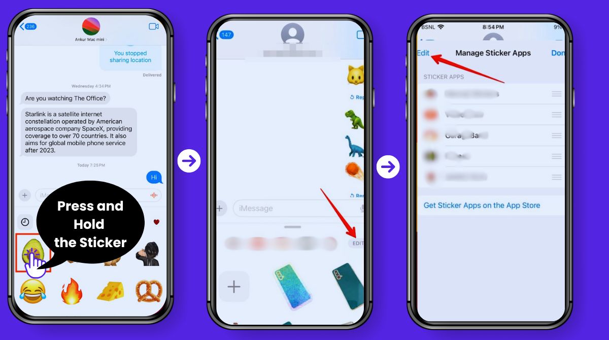 Detailed steps to edit and manage sticker packs on iPhone, showing how to access and customize sticker management settings.