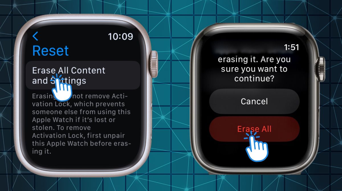 Apple Watch reset screen showing the option to erase all content and settings and confirmation prompt.