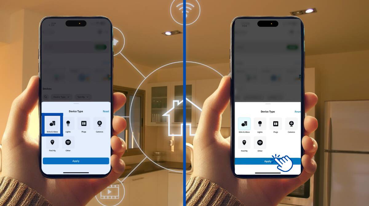 Smartphone screens displaying device type selection in the Alexa app, with a highlighted Echo & Alexa filter and an Apply button in a modern kitchen.