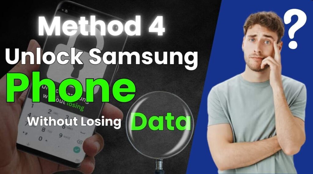 Illustration of unlocking a Samsung phone without data loss, showing a phone screen with a lock icon and a confused individual pondering.