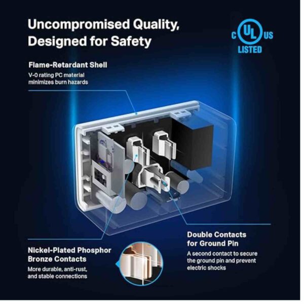 Internal structure of Kasa Smart Plug Mini 15A, showcasing flame-retardant shell, nickel-plated phosphor bronze contacts, and double contacts for ground pin. UL Certified design for safety and durability.