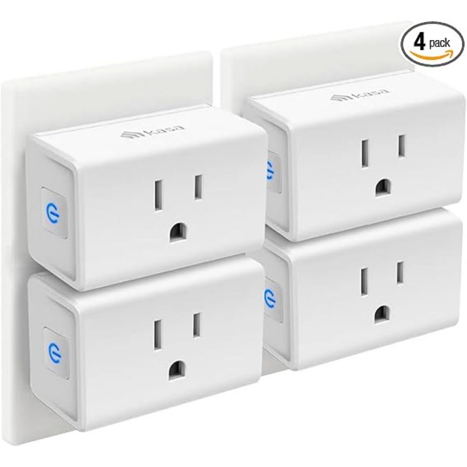 Kasa Smart Plug Mini 15A, a 4-pack of white Wi-Fi-enabled smart plugs, compatible with Alexa, Google Home, and IFTTT, shown installed in a dual socket.