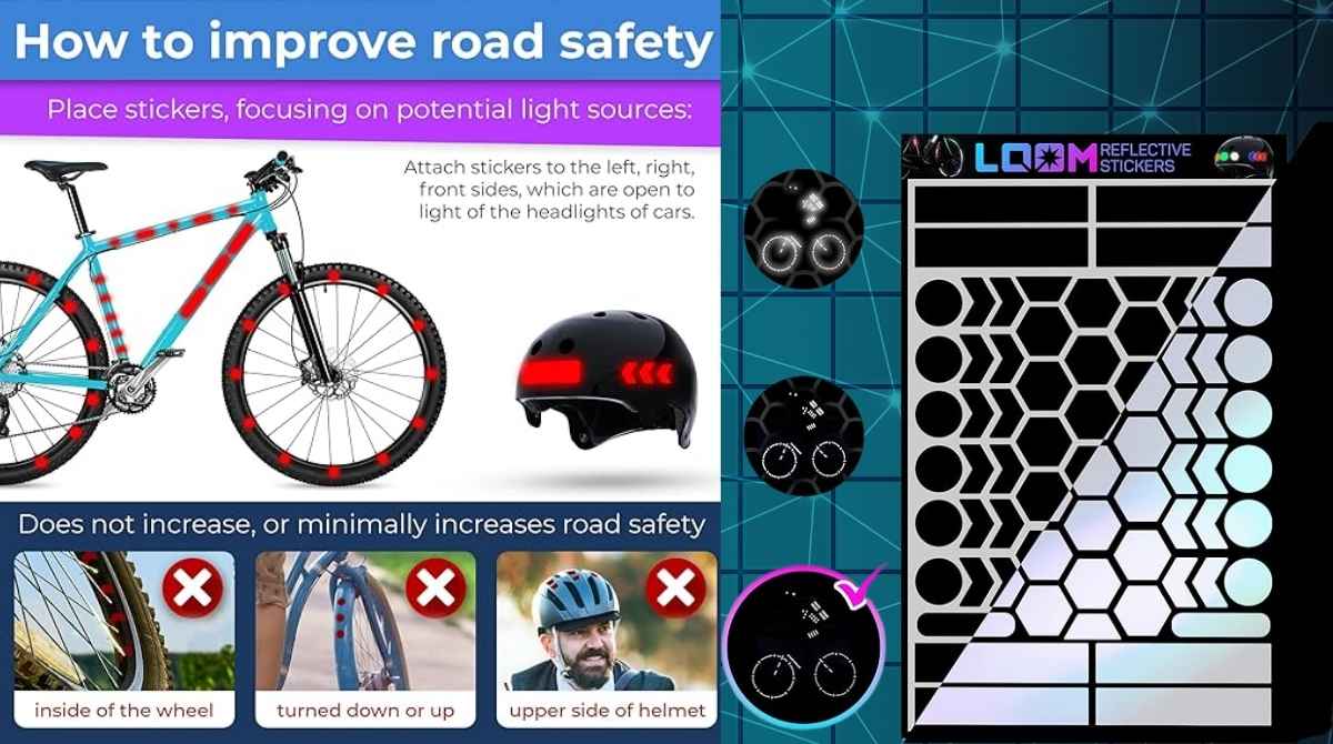 LOOM Reflective Stickers Kit featuring vibrant, waterproof, self-adhesive decals for nighttime safety, ideal for helmets, skateboards, bikes, scooters, e-bikes, motorcycles, and strollers. 