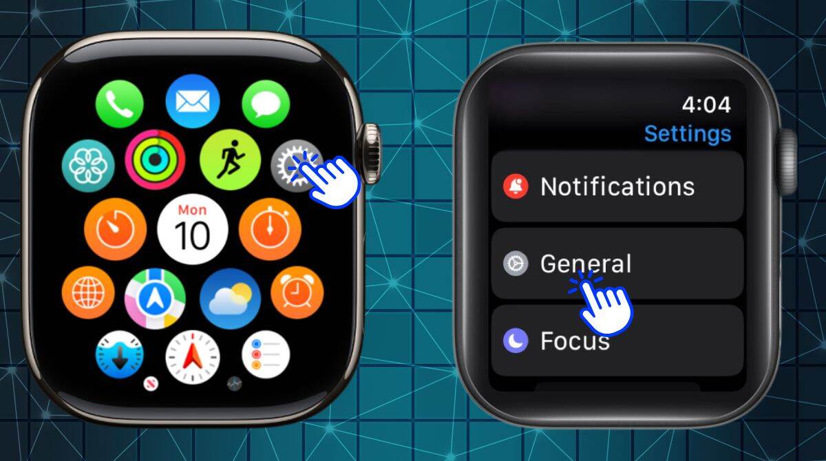 Steps to reset Apple Watch showing the app screen with the Settings icon and the General menu.