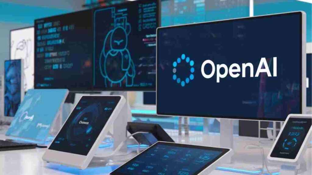 OpenAI logo displayed on modern digital screens in a futuristic setup.