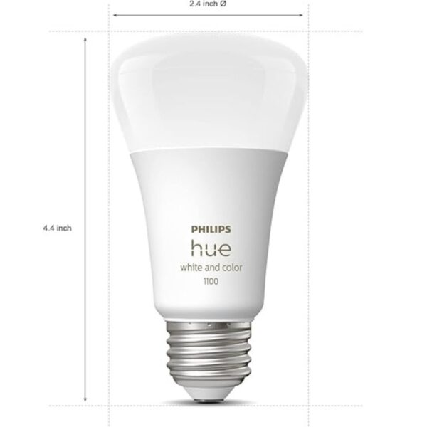 Philips Hue white and color ambiance 1100 smart light bulb, A19 E26 size, showcasing dimensions: 4.4 inches tall and 2.4 inches in diameter.