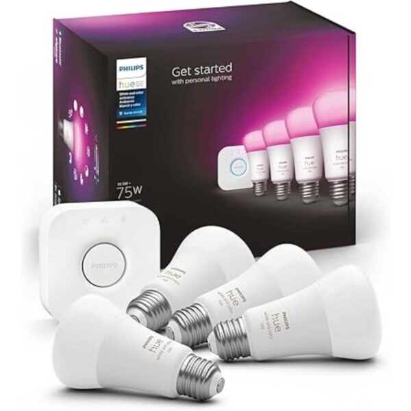 Philips Hue Smart Light Starter Kit packaging with a bridge and four 75W A19 E26 LED smart bulbs shown, designed for white and color ambiance. The kit supports control via app and is compatible with Alexa, Google Assistant, and Apple HomeKit.