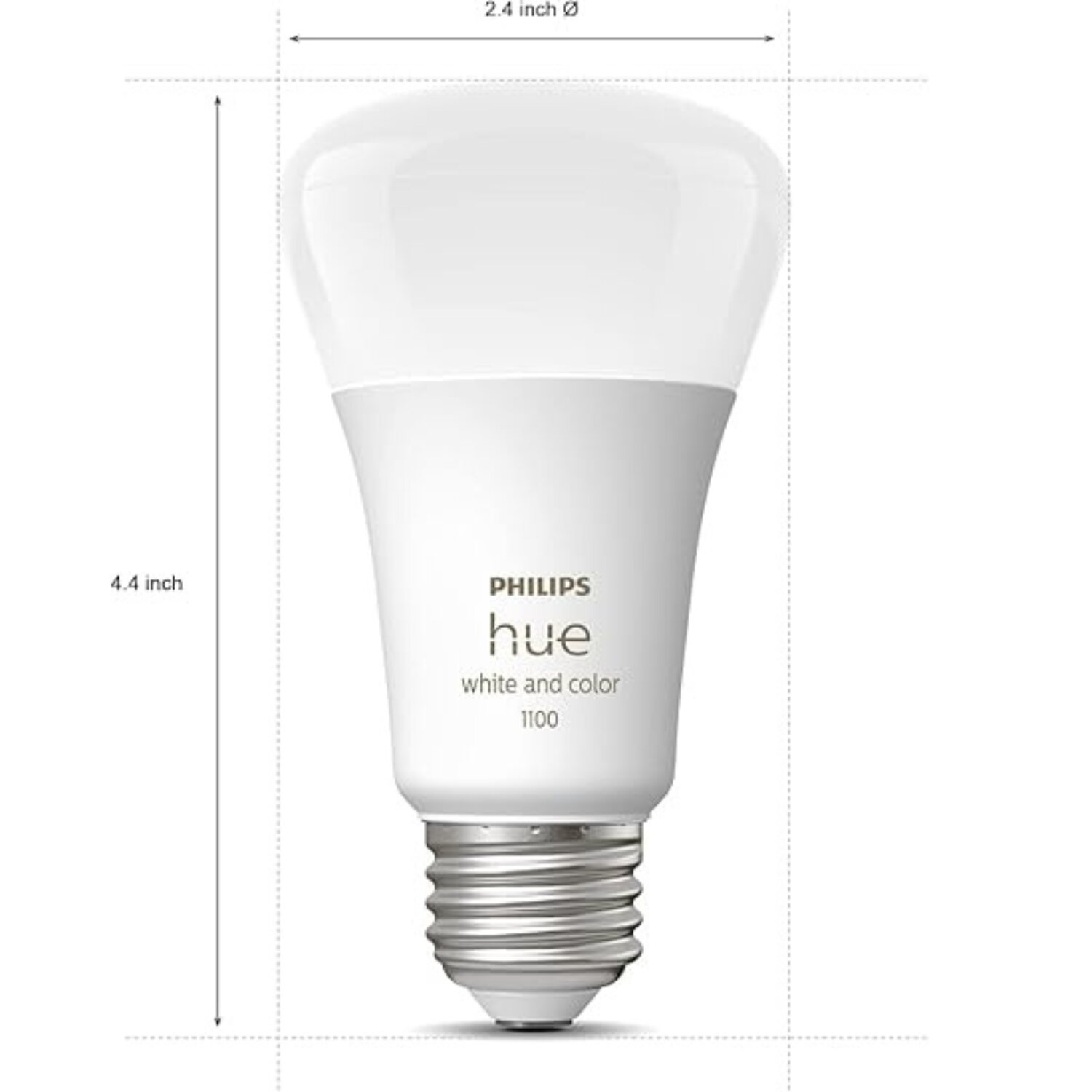 Philips Hue white and color ambiance 1100 smart light bulb, A19 E26 size, showcasing dimensions: 4.4 inches tall and 2.4 inches in diameter.