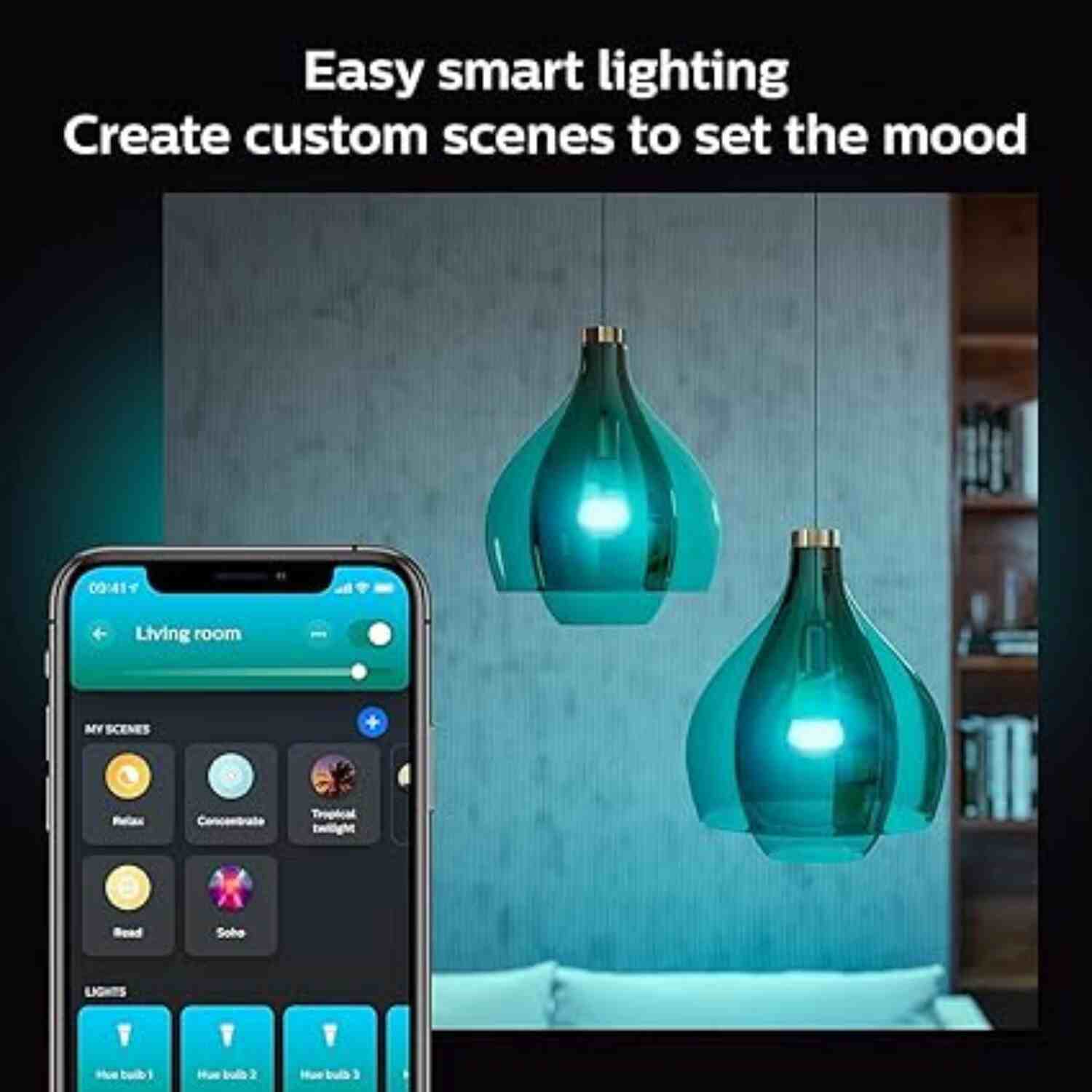 Philips Hue smart lighting system showing custom lighting scenes on a smartphone app, with two hanging teal pendant lights creating ambient lighting in a modern living room.