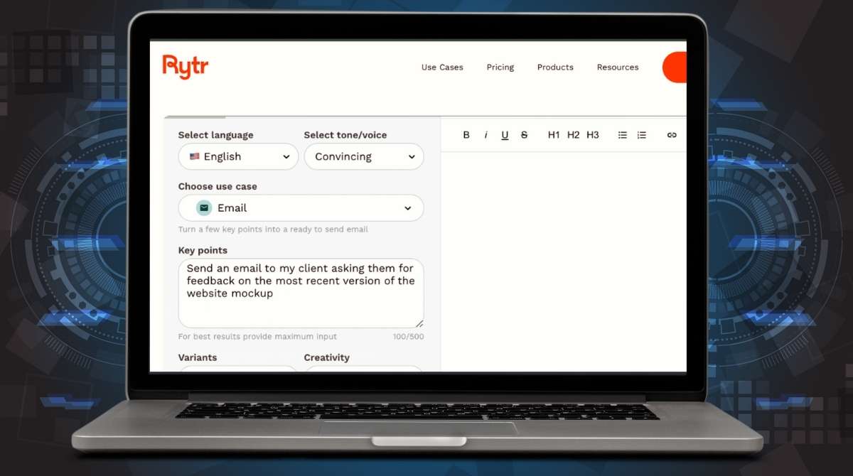 Rytr AI tool interface showing options to select language, tone, and use case for generating emails with key points input.