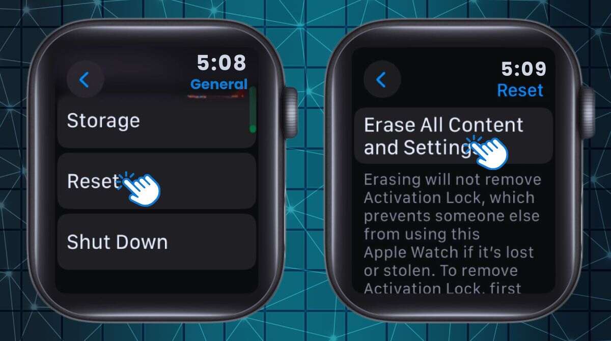 Steps to erase Apple Watch content, showing the Reset option and Erase All Content and Settings screen.