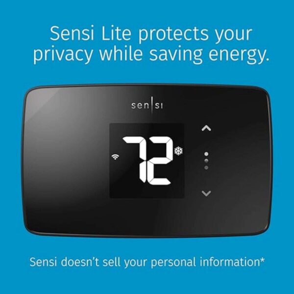 Sensi Lite Smart Thermostat: Sleek black design, easy-to-read digital display, Wi-Fi enabled, works with Alexa, and protects your privacy.