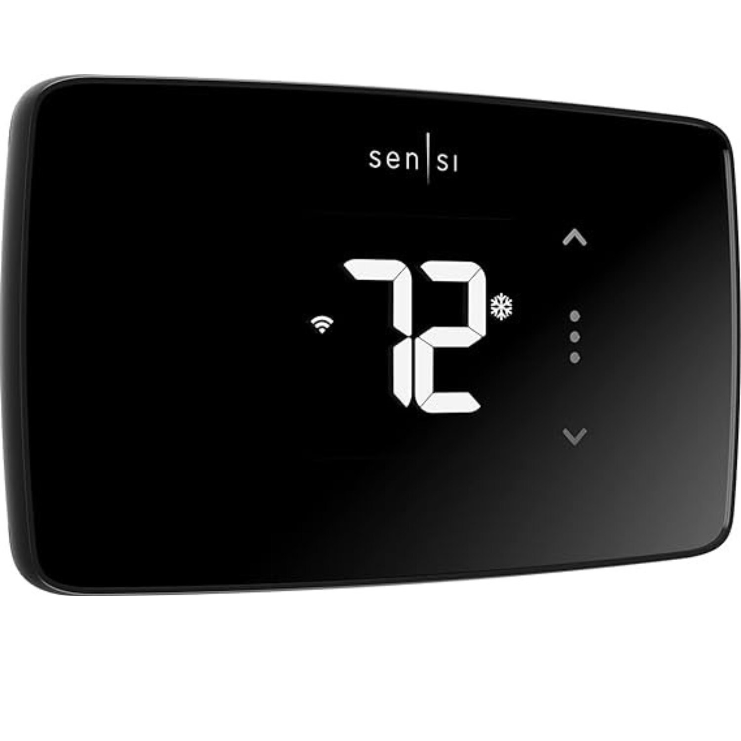 Sensi Lite Smart Thermostat with sleek black design, large digital display showing 72°F, and Wi-Fi connectivity indicator. Compatible with Alexa and Energy Star certified.