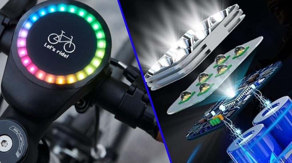 Smart bicycle gadgets with LED navigation display and advanced lighting system for enhanced riding experience.