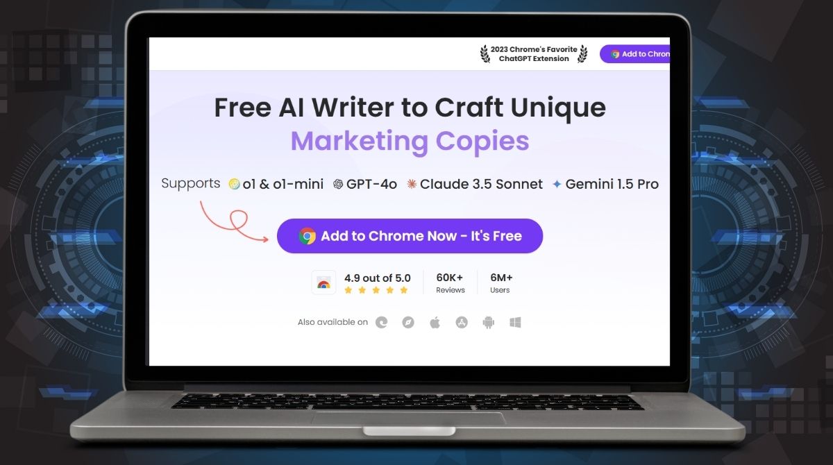 Surfer AI - Free AI writer to craft unique marketing copies, showcased on a laptop screen with Chrome extension details.