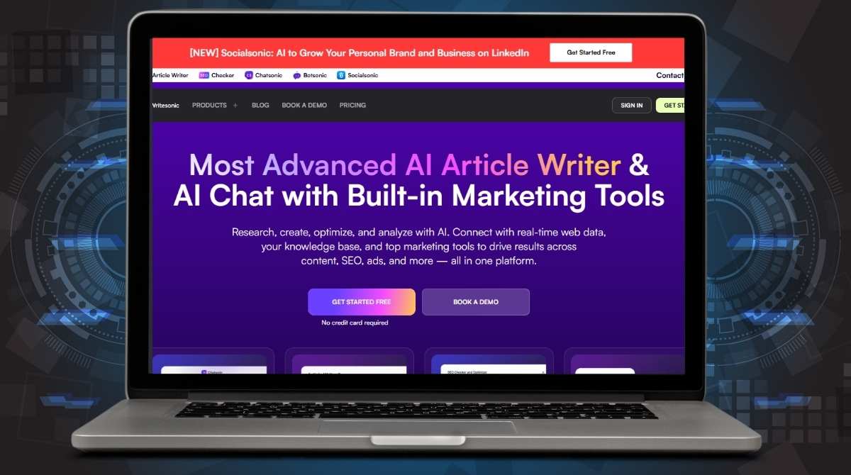 Writesonic AI Article Writer and Marketing Tools displayed on a laptop screen with futuristic design elements.