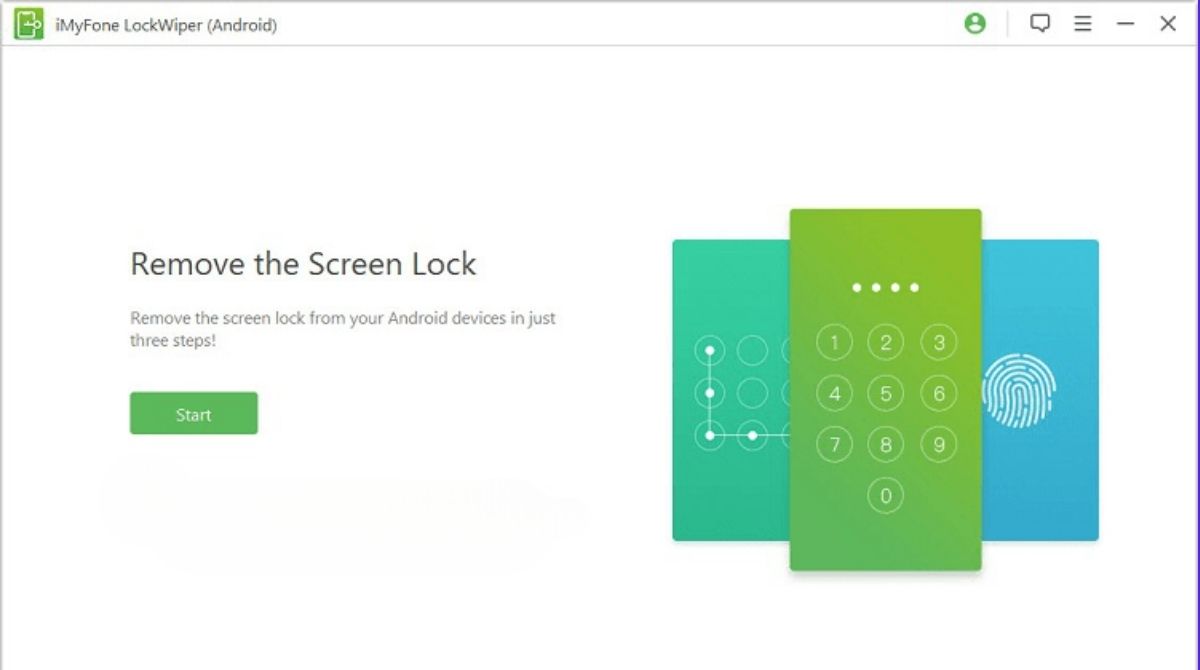 iMyFone LockWiper interface for removing Android screen locks, featuring PIN, pattern, and biometric options.